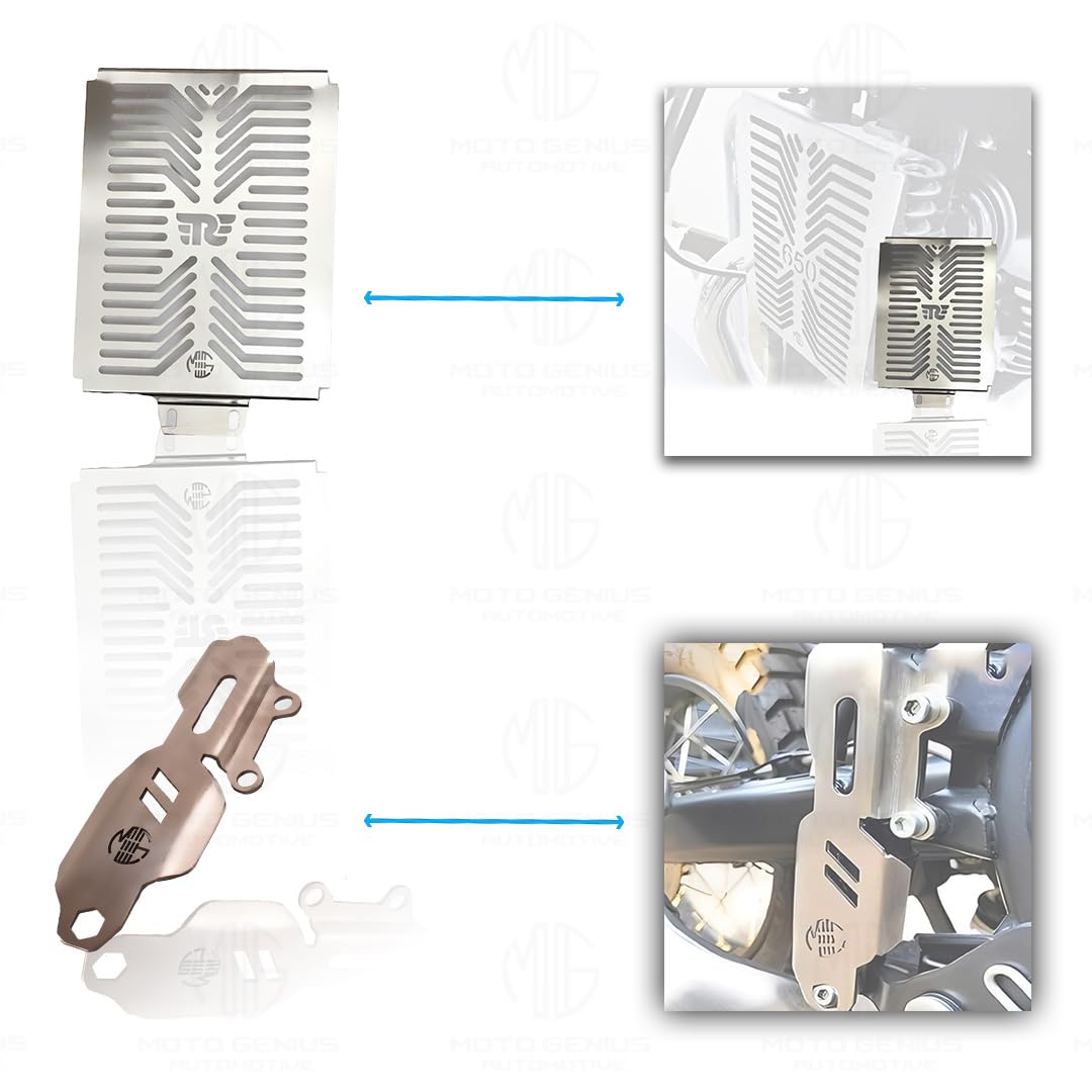 MOTO GENIUS Stainless Steel Accessories Kit for RE Interceptor 650 | Radiator Guard, Check Shape Headlight Grill, Cylinder Guard, Side Stand Extender, Oil Reservoir Caps | Pack of 6