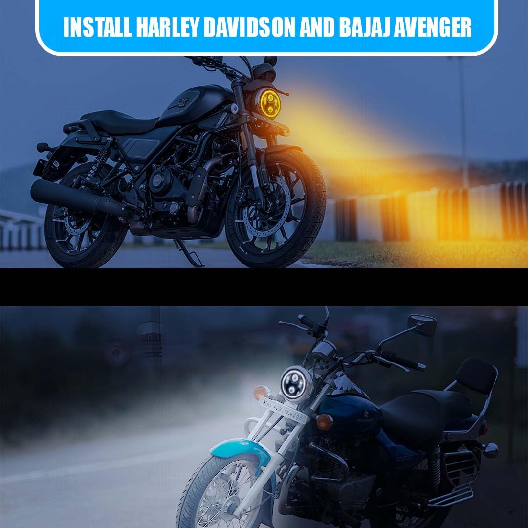 MOTO GENIUS 5.7 Inch LED Round Headlight for Harley Davidson & Bajaj Avenger Motorbike | Acrylic & Aluminum Construction, Waterproof, Luminous Mode