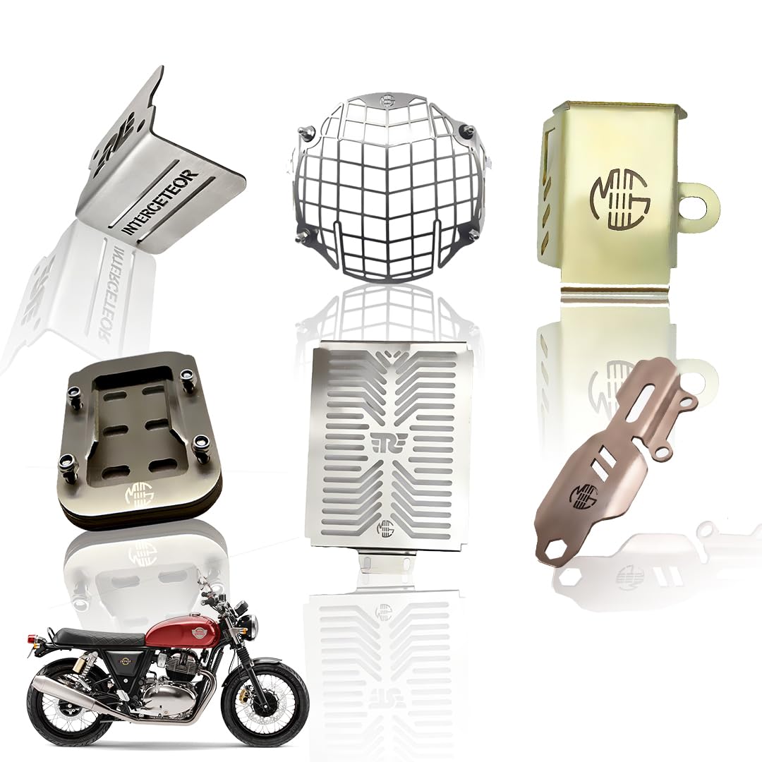 MOTO GENIUS Stainless Steel Accessories Kit for RE Interceptor 650 | Radiator Guard, Check Shape Headlight Grill, Cylinder Guard, Side Stand Extender, Oil Reservoir Caps | Pack of 6