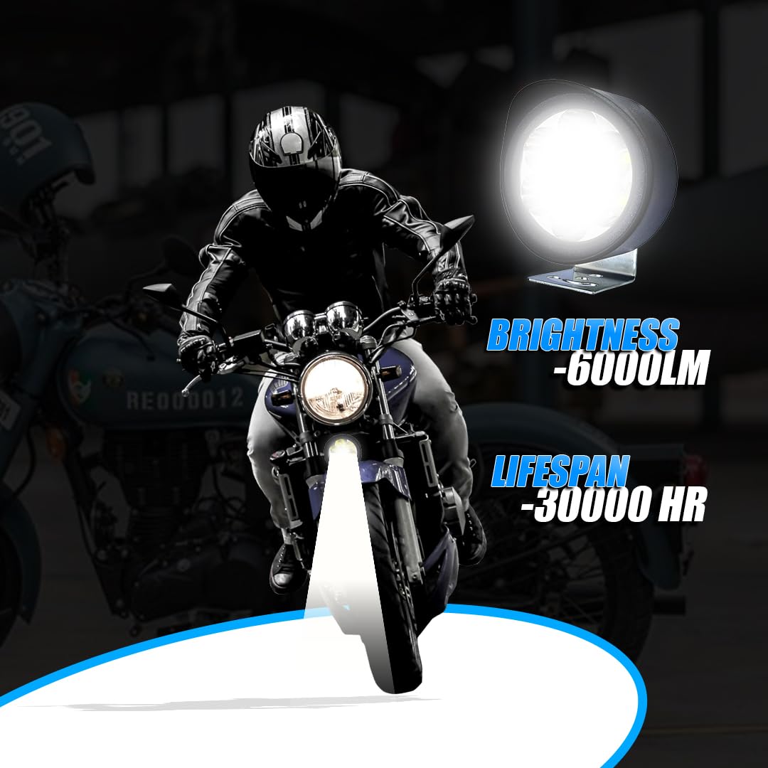 MOTO GENIUS 7 LED Round Fog Lights for Bikes | High Power, Universal Fit, Heavy Clamp, Strong Aluminum Body, Waterproof Driving Light for Motorcycle and Scooty