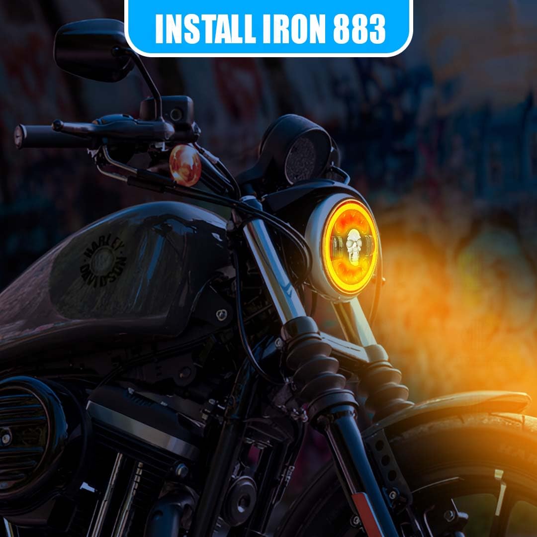 MOTO GENIUS 5.7 Inch LED Round Headlight with DRL for HD Iron 883 Motorbike | Acrylic & Aluminum Construction, Waterproof, Luminous Mode | Skull Design