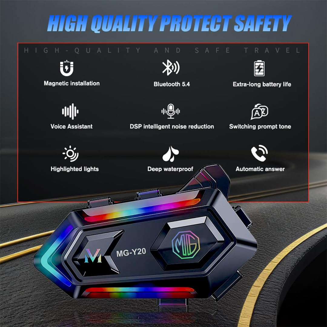MOTO GENIUS Y20 Motorcycle Helmet Bluetooth Headset with RGB Lighting, Bluetooth 5.3, Smart Noise Reduction, HiFi Sound Quality, IPX6 Waterproof | Universal Compatibility for All Helmets
