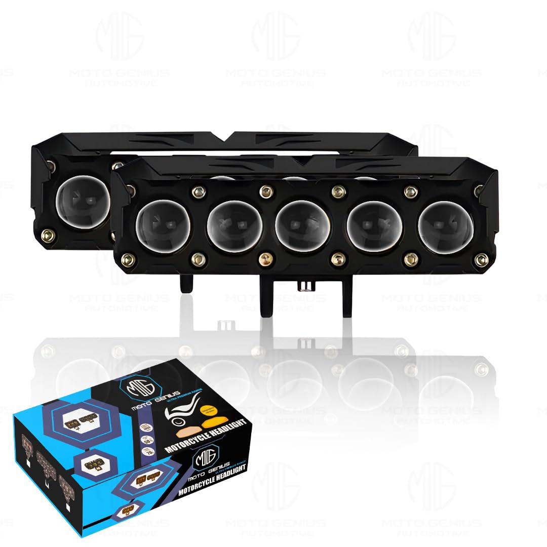 MOTO GENIUS Super Bright 5 LED Fog Light | Dual Mode Yellow & White Changing Light, High Low Beam, Aluminum Body, Universal Fit for Motorcycle & Car