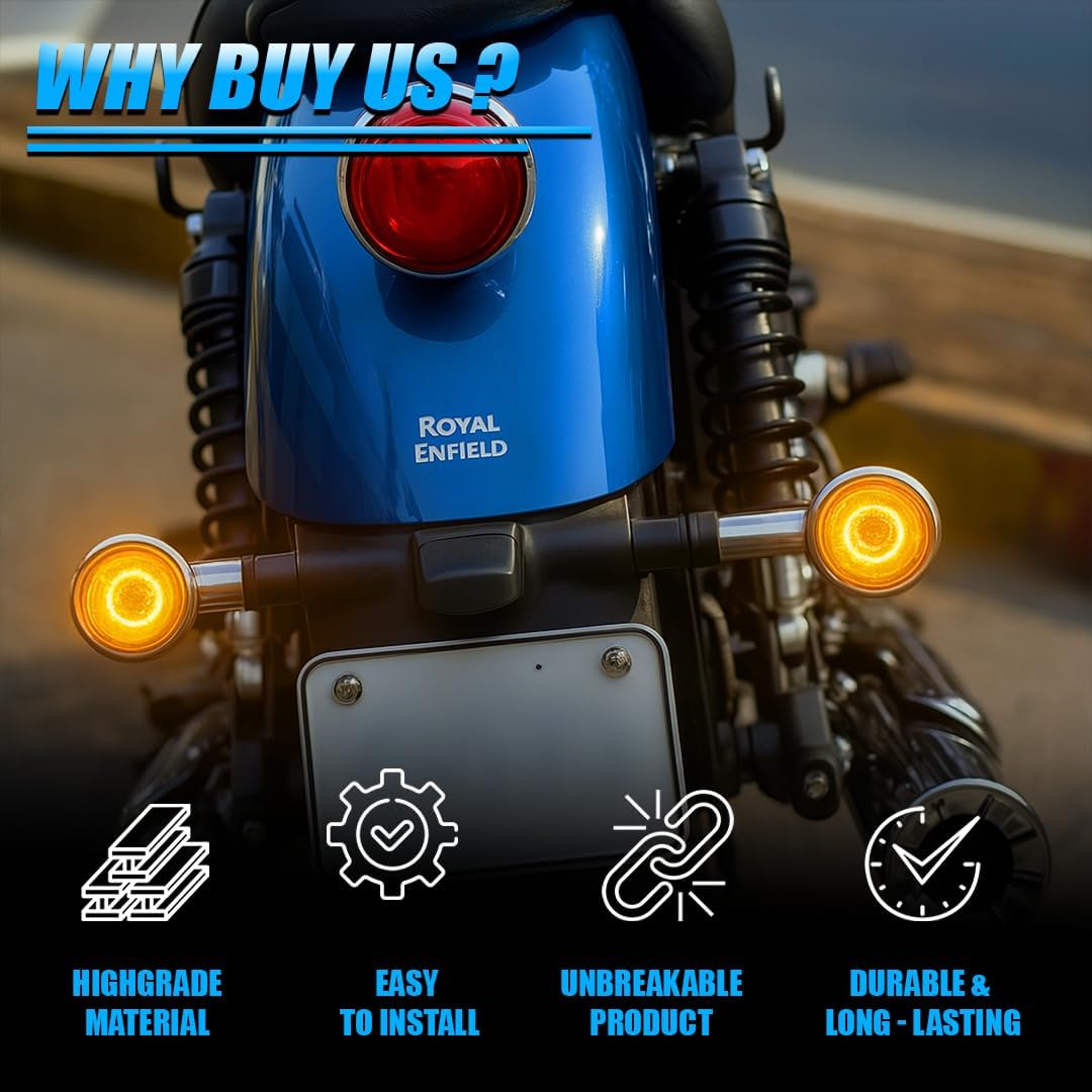 MOTO GENIUS Premium LED Turn Signal Indicators for RE Hunter 350, Meteor 350, Super Meteor 650, Shotgun 650 Motorbike | Waterproof, High-Brightness, Plug & Play (Pack of 4)