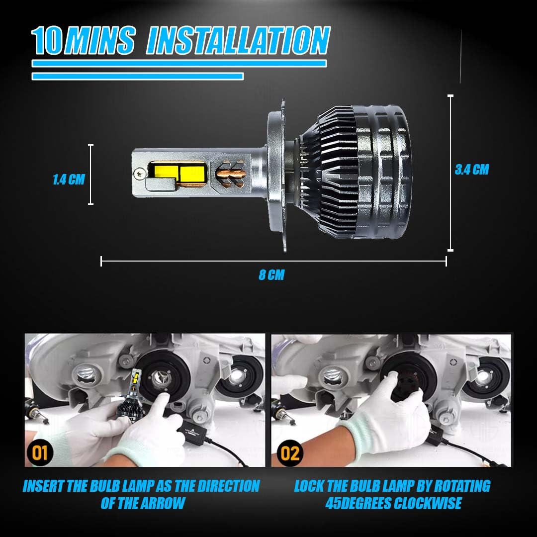 MOTO GENIUS Super Bright 400W LED Headlight Conversion Kit for Car & Bike | Waterproof, Energy-Efficient, Steel & Aluminium Build, Dual Beam, Premium Wooden Box Packaging (H4, Pack of 2)