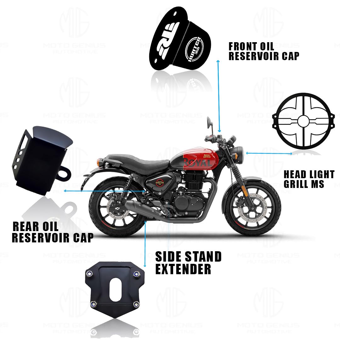 MOTO GENIUS Metal Accessories Kit for RE Hunter Motorbike | Line Shape Headlight Grill, Side Stand Extender, Front & Rear Brake Oil Reservoir Caps | Heavy-Duty Metal | Easy Installation (Pack of 4)