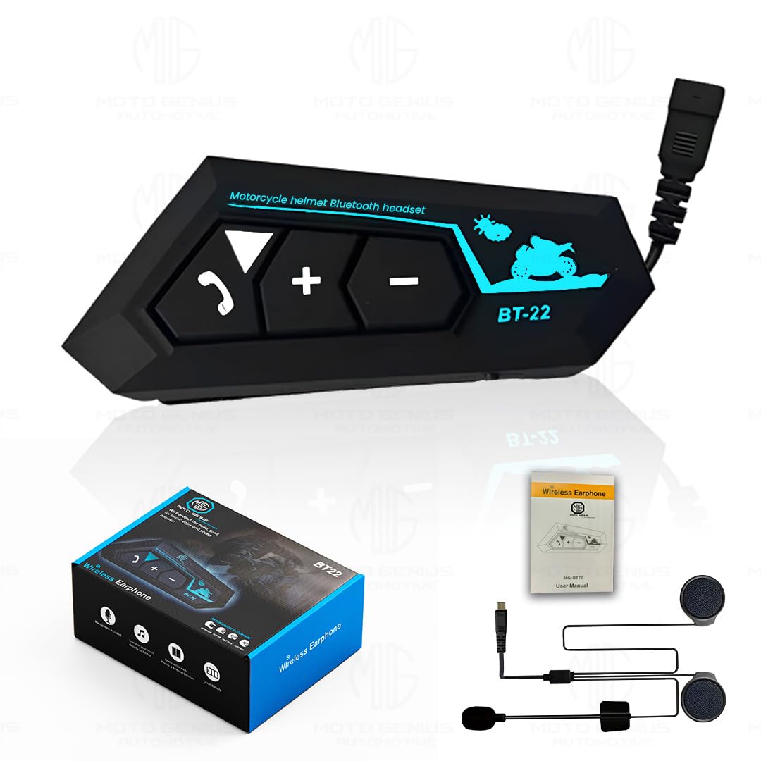 MOTO GENIUS Motorcycle Helmet Wireless Bluetooth Dual Earphone Headset with Mic | Hands-Free Calling, Music Control & Support for iOS & Android (BT12)