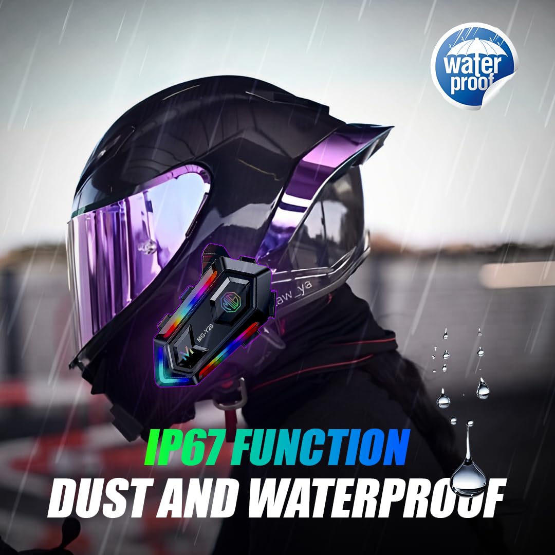 MOTO GENIUS Y20 Motorcycle Helmet Bluetooth Headset with RGB Lighting, Bluetooth 5.3, Smart Noise Reduction, HiFi Sound Quality, IPX6 Waterproof | Universal Compatibility for All Helmets
