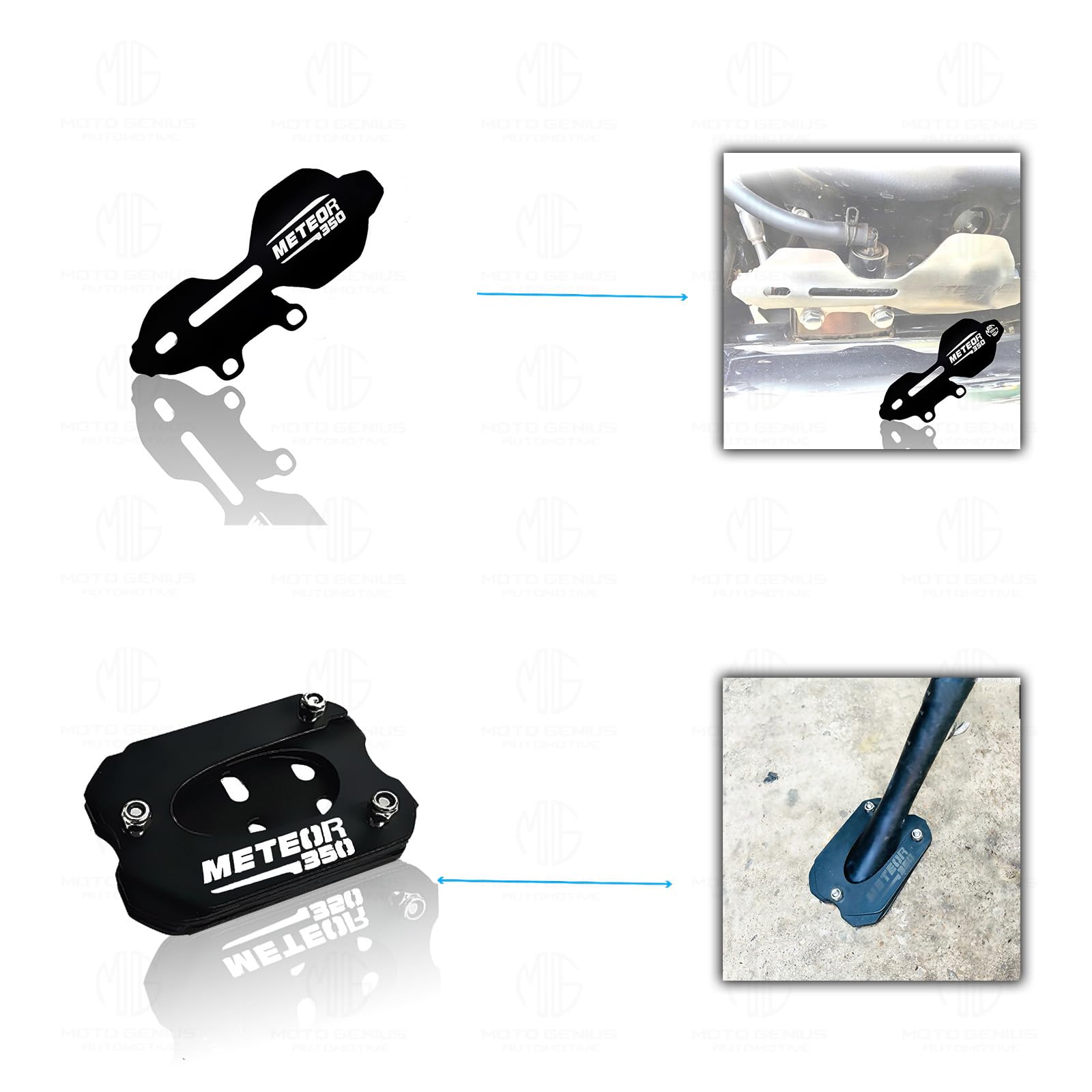 MOTO GENIUS Meteor 350 Motorbike Accessories Kit | Metal Line Shape Headlight Grill, Cylinder Guard, Side Stand Extender & Oil Reservoir Caps for RE Meteor 350 | Heavy-Duty Metal | Pack of 5