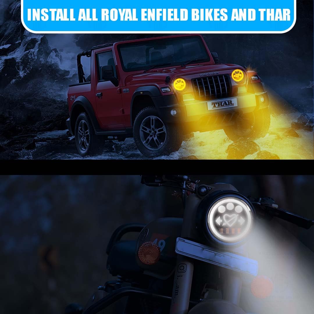 MOTO GENIUS 7 Inch LED Round Headlight for Royal Enfield & Thar | High/Low Beam, Waterproof, Luminous Mode, Acrylic & Aluminum Construction, Durable, DRL, Bright LED (Heart Design)