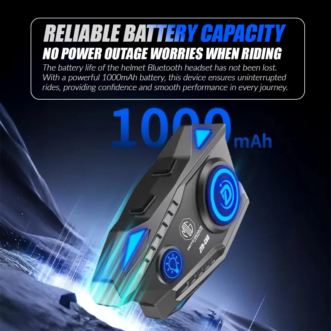 MOTO GENIUS JYD-C68 Bluetooth Helmet Headset for Motorcycle Riders | Wireless Hands-Free Music & Call System, Noise Reduction Mic, Waterproof IPX56, 25H Battery, RGB Light