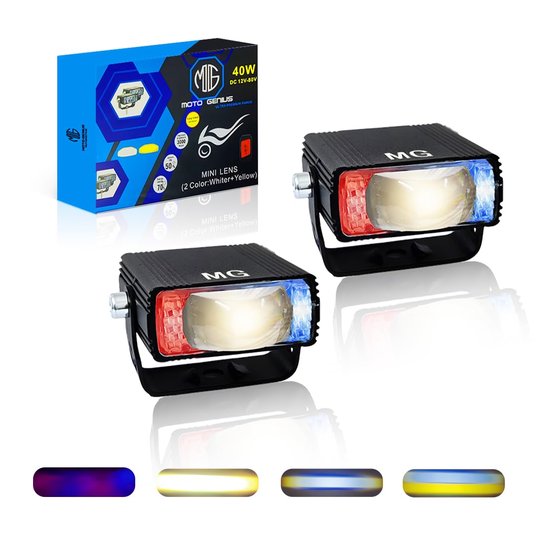 MOTO GENIUS Universal 40W LED Fog Lamp with Switch for Cars and Bikes | Multi-Color Auxiliary Light with White, Yellow, Red Blue and Dual Combo Beams | Waterproof Off-Road Projector Lens Headlight