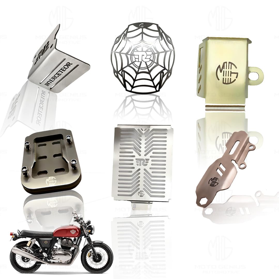 MOTO GENIUS Stainless Steel Accessories Kit for RE Interceptor 650 | Radiator Guard, Spider Shape Headlight Grill, Cylinder Guard, Side Stand Extender, Oil Reservoir Caps | Pack of 6