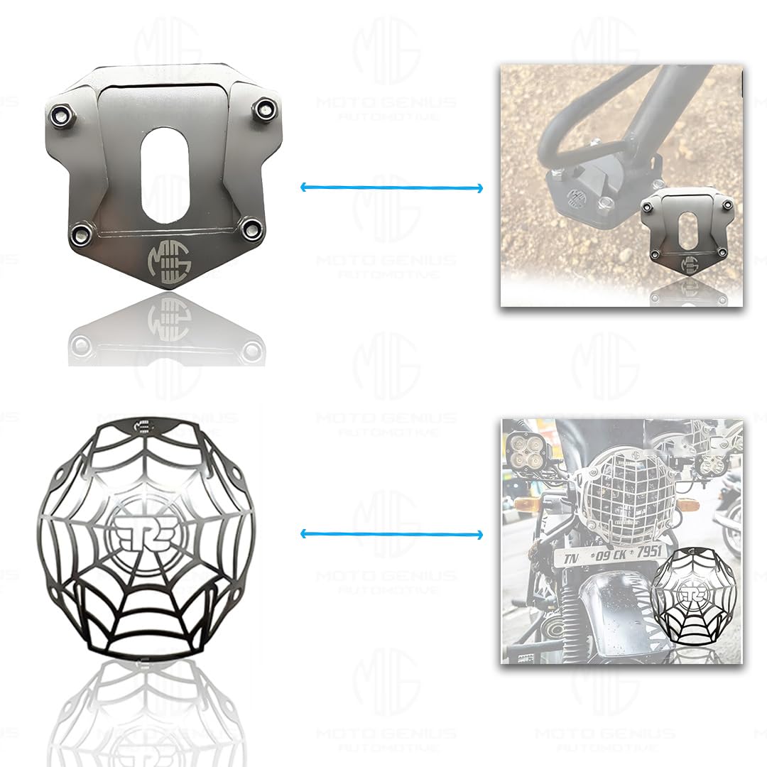 MOTO GENIUS Stainless Steel Accessories Kit for RE Hunter Motorbike | Spider Shape Headlight Grill, Side Stand Extender, Front & Rear Brake Oil Reservoir Caps | Heavy-Duty Steel (Pack of 4)