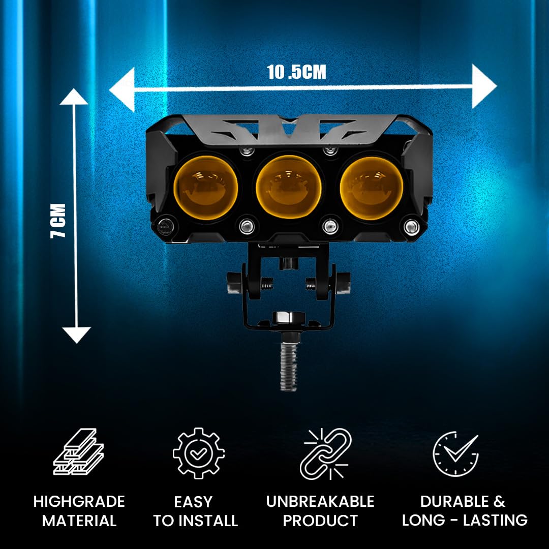 MOTO GENIUS Super Bright 3 LED Fog Light | Dual Mode Yellow & White Changing Light, High/Low Beam, Aluminum Body, Universal Fit for Motorcycle & Car