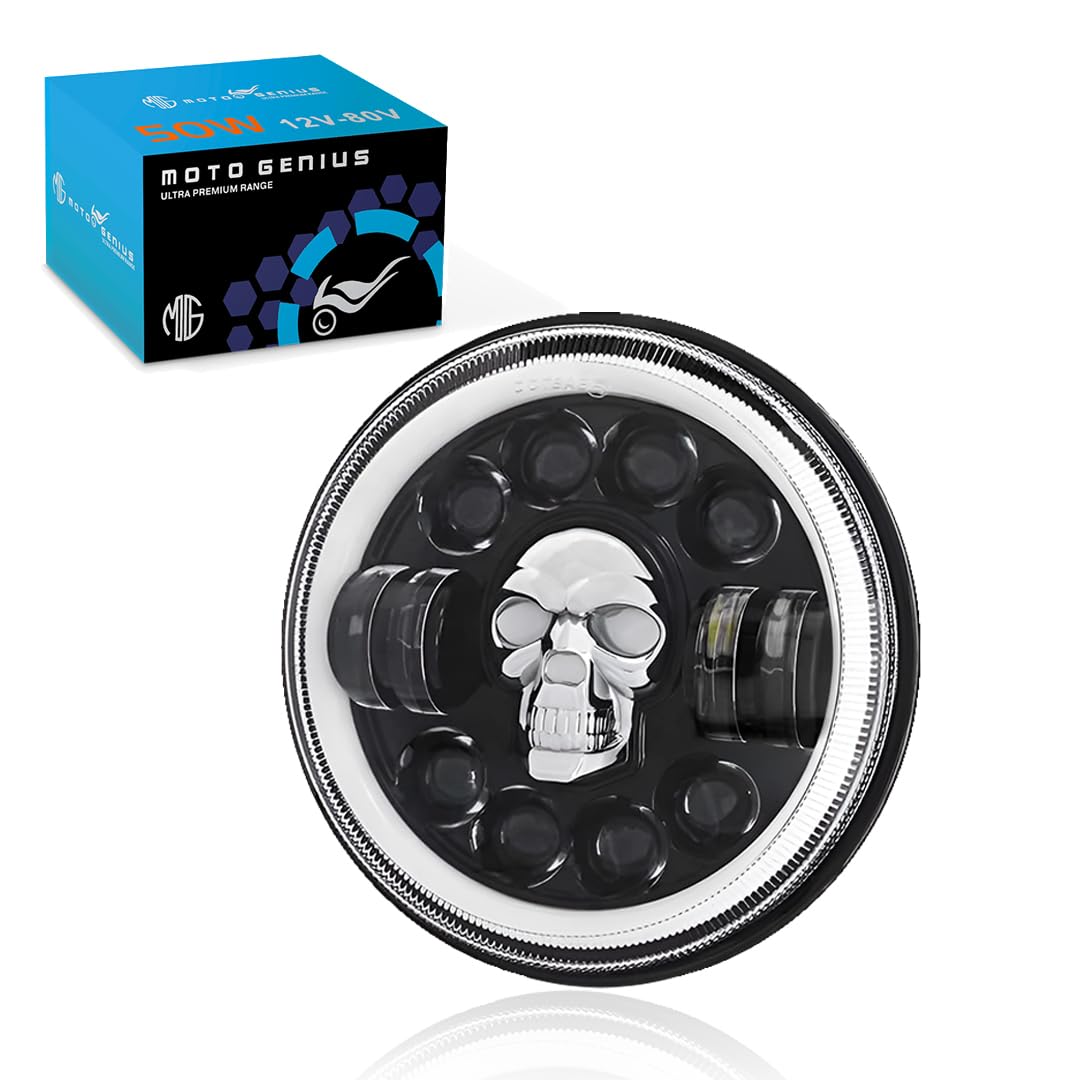 MOTO GENIUS 7 Inch LED Round Headlight for Royal Enfield & Thar | High/Low Beam, Waterproof, Luminous Mode, Acrylic & Aluminum Construction, Durable, DRL, Bright LED (Line Design)