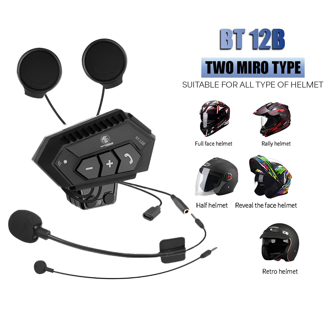 MOTO GENIUS BT12B Motorcycle Helmet Bluetooth Headset, Wireless Dual On-Ear Speakers with Mic, Hands-Free Calling & Music, Noise Reduction, Fast Charging, Universal Fit for All Helmets