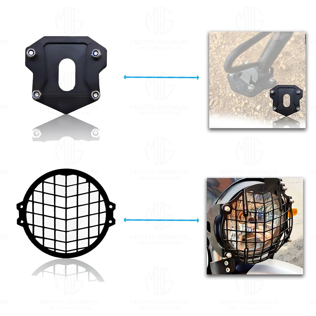 MOTO GENIUS Metal Accessories Kit for RE Hunter Motorbike | Line Shape Headlight Grill, Side Stand Extender, Front & Rear Brake Oil Reservoir Caps | Heavy-Duty Metal | Easy Installation (Pack of 4)