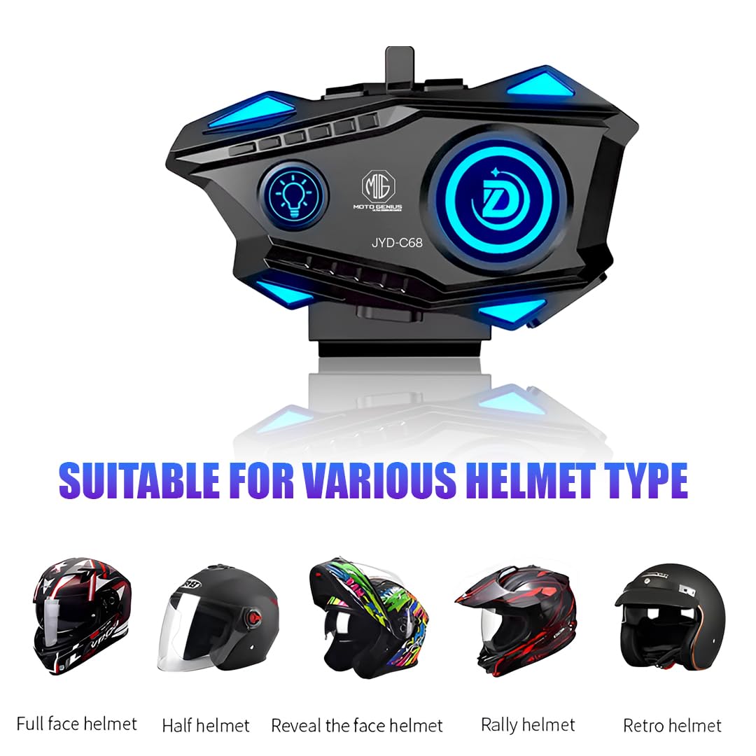 MOTO GENIUS JYD-C68 Bluetooth Helmet Headset for Motorcycle Riders | Wireless Hands-Free Music & Call System, Noise Reduction Mic, Waterproof IPX56, 25H Battery, RGB Light