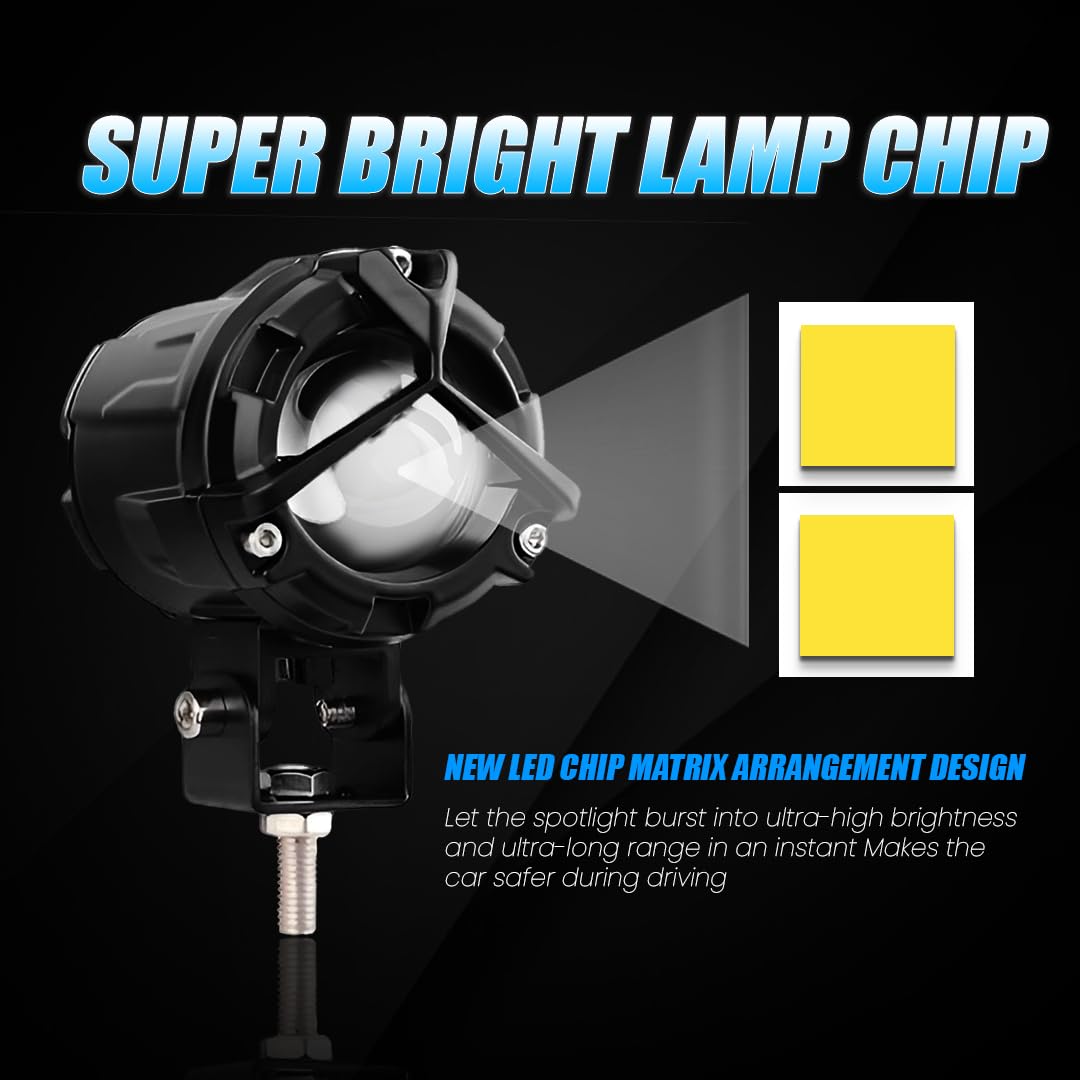 MOTO GENIUS 60W LED Fog Lights for Bike, Car, Motorcycle | Dual Color White & Yellow Projector Lights, Waterproof Y Shape Laser Beam Driving Lamps, High Brightness, Universal Fit (Pack of 2)
