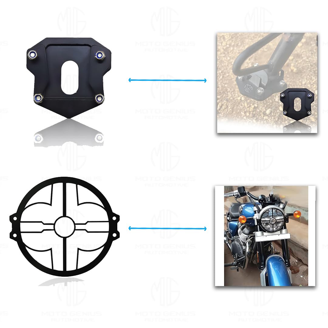 MOTO GENIUS Metal Accessories Kit for RE Hunter Motorbike | Line Shape Headlight Grill, Side Stand Extender, Front & Rear Brake Oil Reservoir Caps | Heavy-Duty Metal | Easy Installation (Pack of 4)