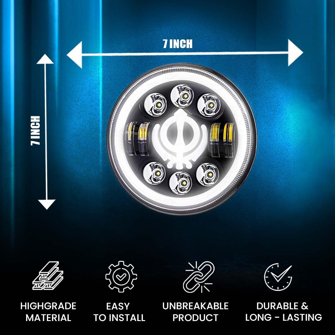 MOTO GENIUS 7 Inch LED Round Headlight for Royal Enfield & Thar | High/Low Beam, Waterproof, Luminous Mode, Acrylic & Aluminum Construction, Durable, DRL, Bright LED (Line Design)