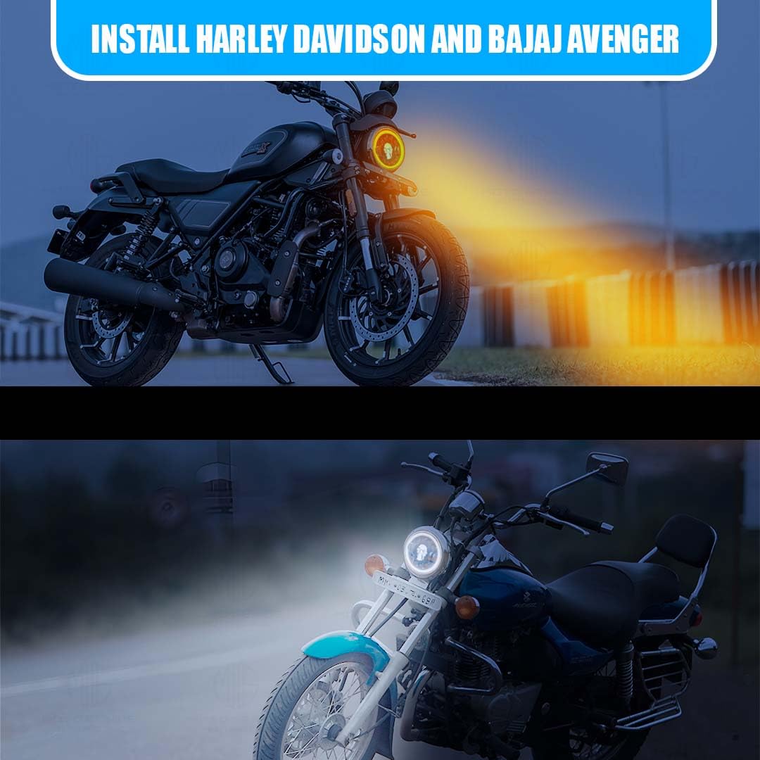 MOTO GENIUS 5.7 Inch LED Round Headlight for Harley Davidson & Bajaj Avenger Motorbike | High/Low Beam | Acrylic & Aluminum Construction, Waterproof, Luminous Mode | Skull Design