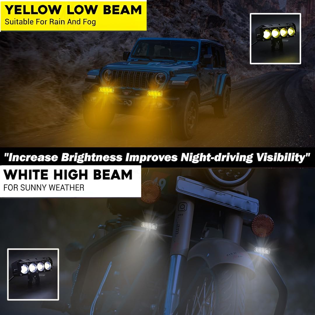MOTO GENIUS Super Bright 4 LED Fog Light with Switch | Dual Mode and Changing Light, High Low Beam, Aluminum Body, Universal Fit for Motorcycle and Car (Pack of 2)