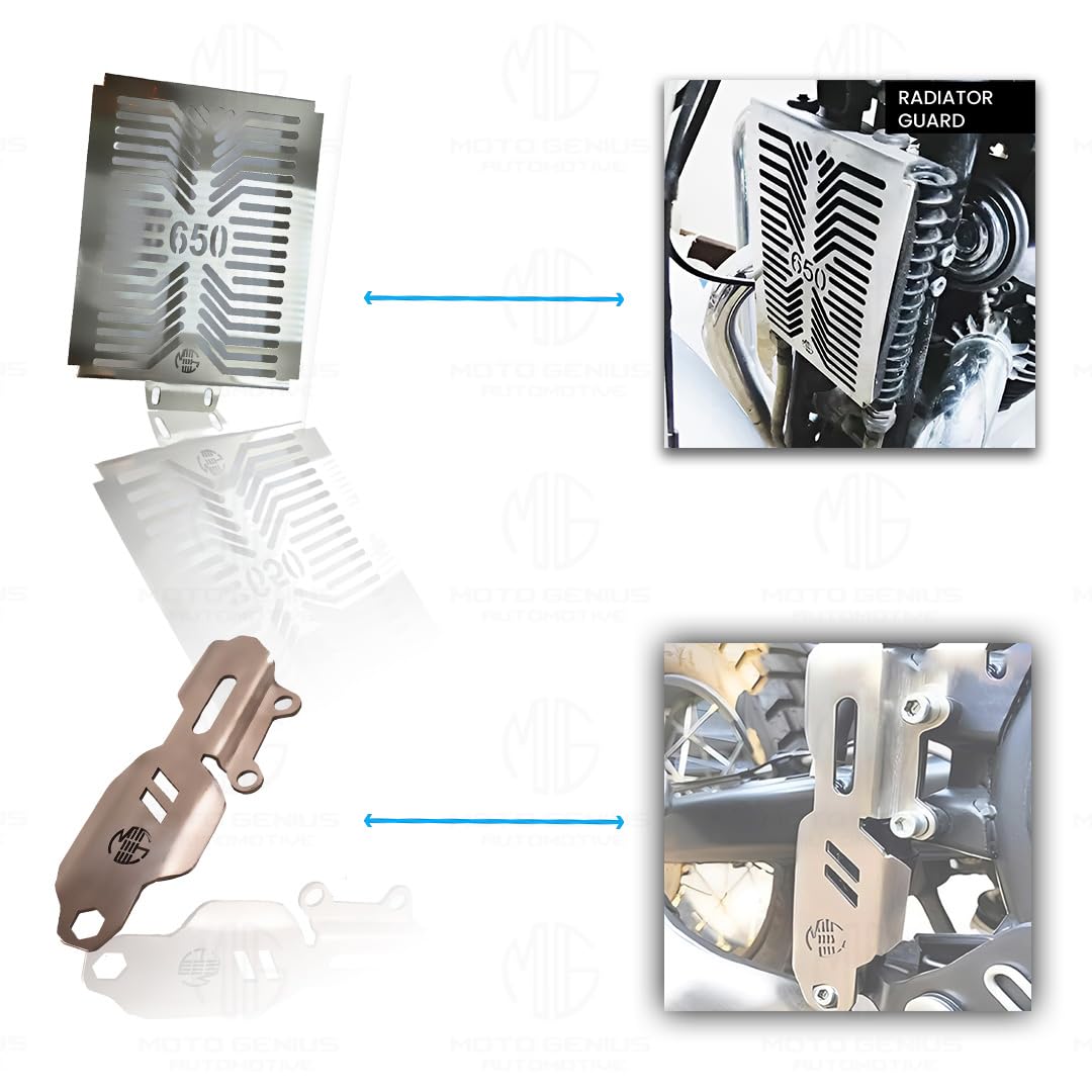 MOTO GENIUS Stainless Steel Accessories Kit for RE Interceptor 650 | Radiator Guard, Spider Shape Headlight Grill, Cylinder Guard, Side Stand Extender, Oil Reservoir Caps | Pack of 6