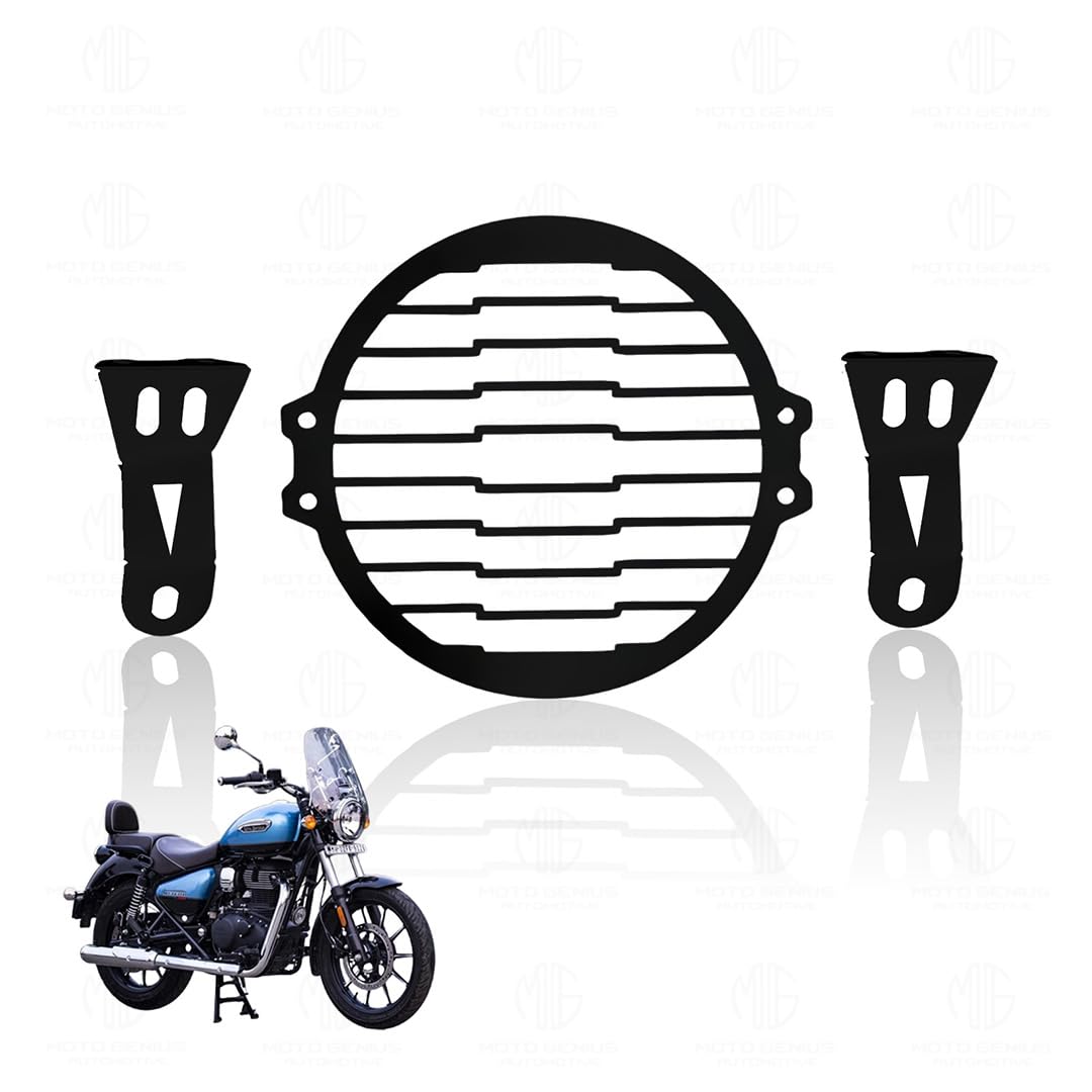 MOTO GENIUS Front Headlight Grill Guard for RE Meteor |Durable Metal Protective Head Light Frame Protector| Jali Compatible for RE Meteor (Plus Design Grill)