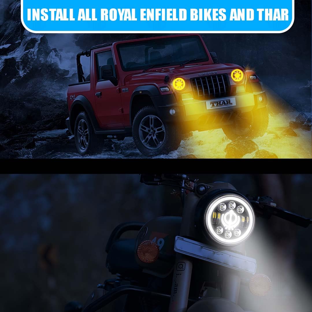 MOTO GENIUS 7 Inch LED Round Headlight for Royal Enfield & Thar | High/Low Beam, Waterproof, Luminous Mode, Acrylic & Aluminum Construction, Durable, DRL, Bright LED (Line Design)