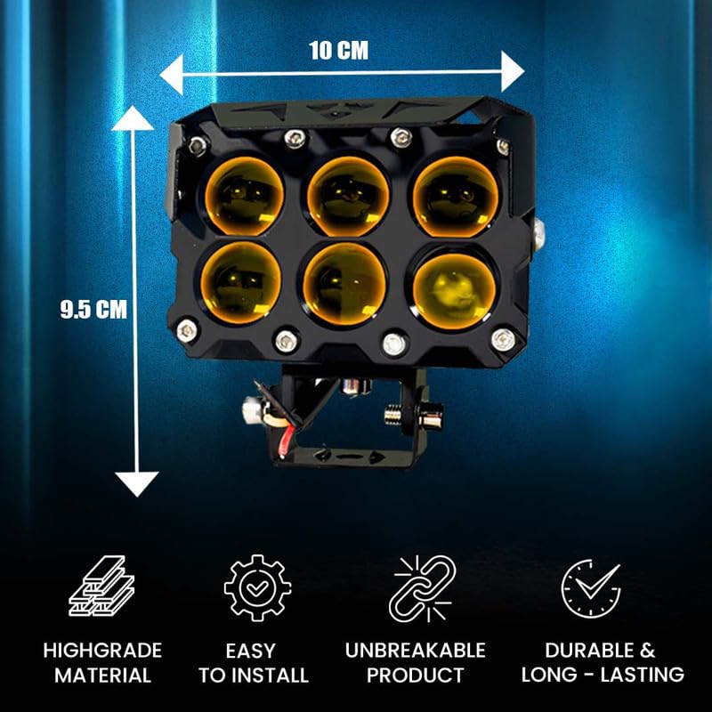 MOTO GENIUS Super Bright 6 LED Fog Light | Dual Mode Yellow and White, Aluminium Body, Universal Fit for Motorcycle & Car, Waterproof (Pack of 2)