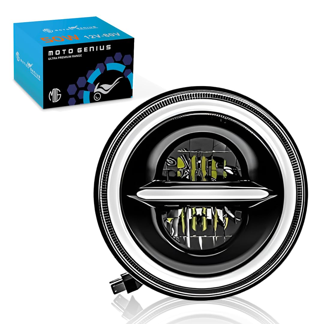 7 Inch LED Round Headlight for Royal Enfield & Thar | High/Low Beam, Waterproof, Luminous Mode, Acrylic & Aluminum Construction, Durable, DRL, Bright LED (Line Design)-DRL Round - Moto Genius