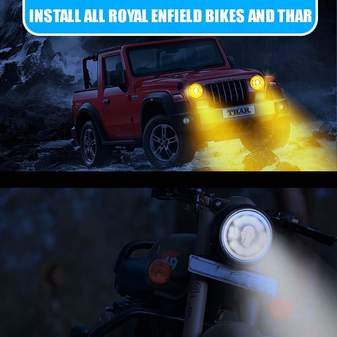 7 Inch LED Round Headlight for Royal Enfield & Thar | High/Low Beam, Waterproof, Luminous Mode, Acrylic & Aluminum Construction, Durable, DRL, Bright LED (Line Design)-DRL Round - Moto Genius