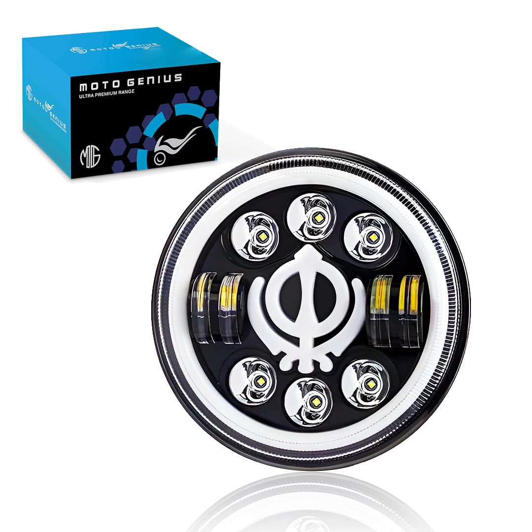 7 Inch LED Round Headlight for Royal Enfield & Thar | High/Low Beam, Waterproof, Luminous Mode, Acrylic & Aluminum Construction, Durable, DRL, Bright LED (Line Design)-Khanda Round - Moto Genius