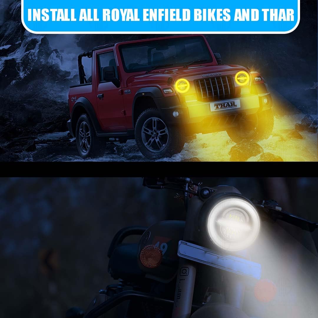 7 Inch LED Round Headlight for Royal Enfield & Thar | High/Low Beam, Waterproof, Luminous Mode, Acrylic & Aluminum Construction, Durable, DRL, Bright LED (Line Design)-DRL Round - Moto Genius