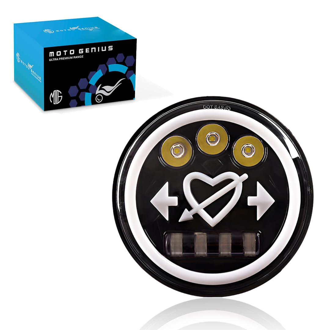 7 Inch LED Round Headlight for Royal Enfield & Thar | High/Low Beam, Waterproof, Luminous Mode, Acrylic & Aluminum Construction, Durable, DRL, Bright LED (Line Design)-Heart Round - Moto Genius