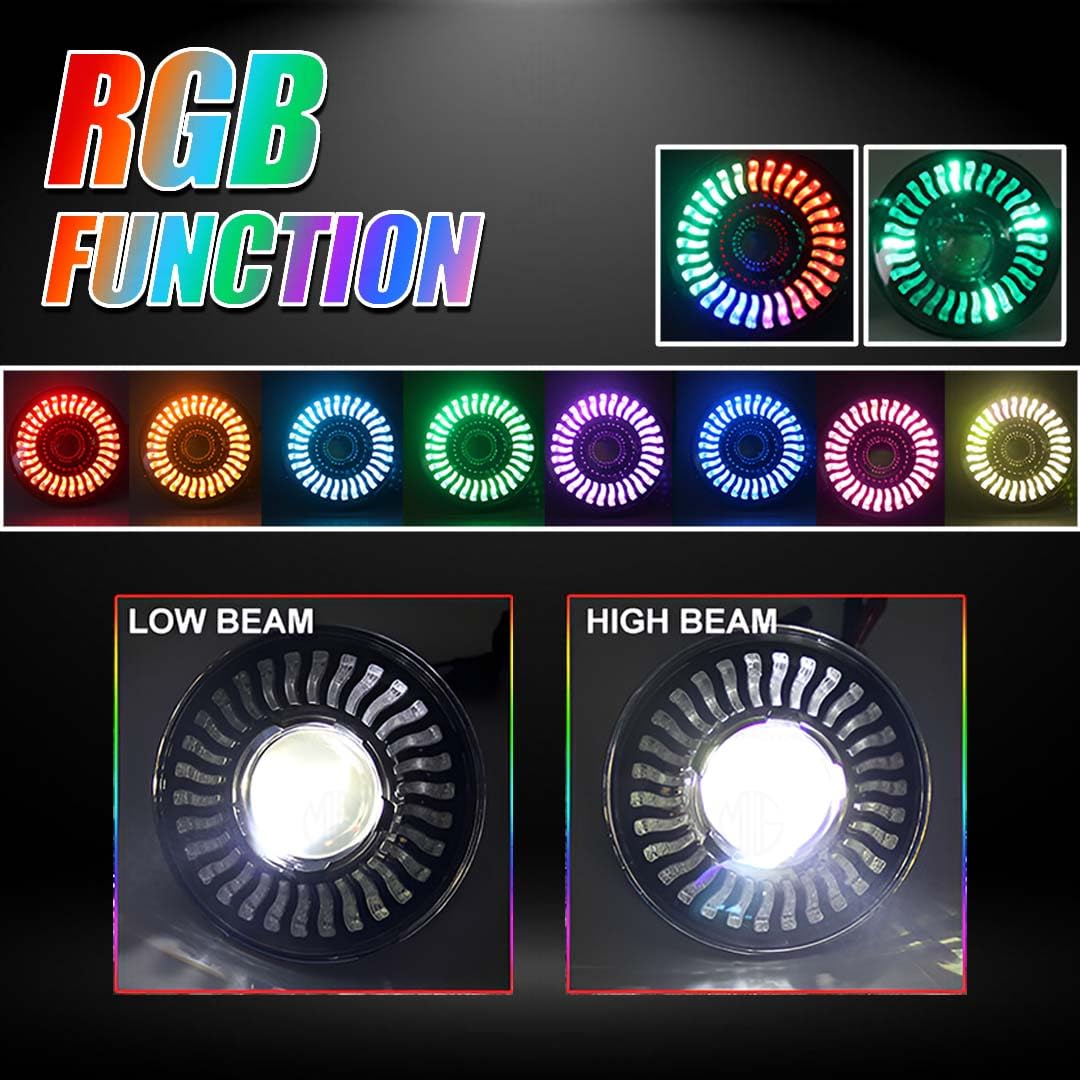 7 Inch RGB LED Round Headlight for Royal Enfield & Thar | High/Low Beam, Waterproof, Luminous Mode, Acrylic & Aluminum Construction, Durable, DRL, Bright LED (RGB Design) - Moto Genius