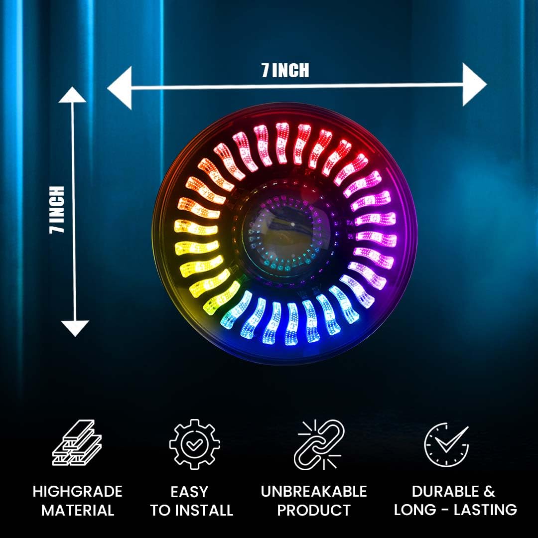 7 Inch RGB LED Round Headlight for Royal Enfield & Thar | High/Low Beam, Waterproof, Luminous Mode, Acrylic & Aluminum Construction, Durable, DRL, Bright LED (RGB Design) - Moto Genius