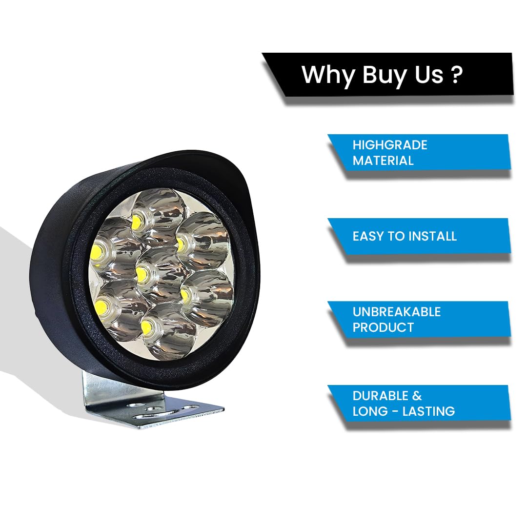 7 LED Round Fog Lights for Bikes | High Power, Universal Fit, Heavy Clamp, Strong Aluminum Body, Waterproof Driving Light for Motorcycle and Scooty (MGF1)-Black - Moto Genius