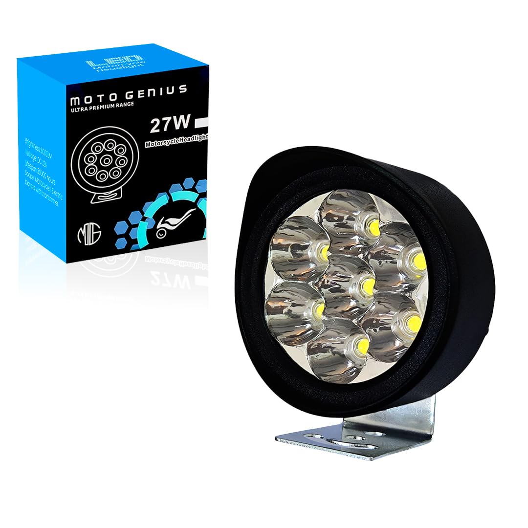 7 LED Round Fog Lights for Bikes | High Power, Universal Fit, Heavy Clamp, Strong Aluminum Body, Waterproof Driving Light for Motorcycle and Scooty (MGF1)-Black - Moto Genius