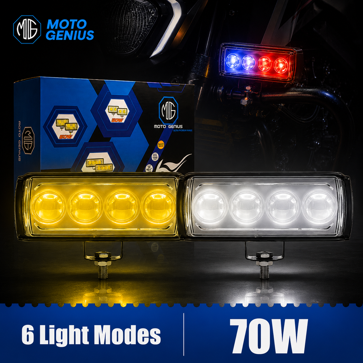 Universal 4-LED Motorcycle Fog Light Kit | 70W Dual Lens Projector Spotlight with Wired Switch | 12V-80V Waterproof Driving Lamps for Bikes (Pack of 2)