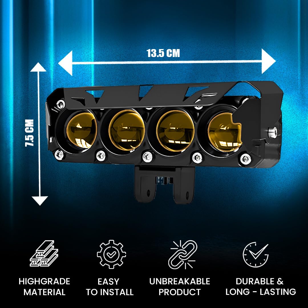 MOTO GENIUS Super Bright 4 LED Fog Light with Switch | Dual Mode and Changing Light, High Low Beam, Aluminum Body, Universal Fit for Motorcycle and Car (Pack of 2)