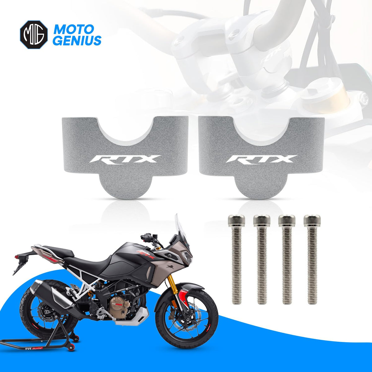 Adjustable Aluminum Handlebar Riser Clamp Compatible with TVS Apache RTX | Heavy Duty CNC Motorcycle Handle Bar Height Riser Mount (Silver)
