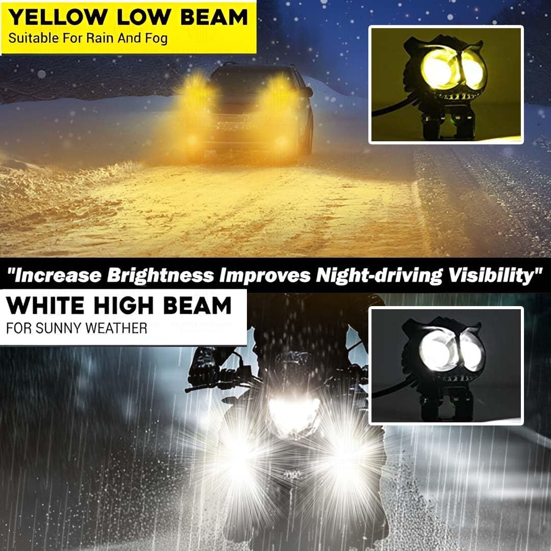 MOTO GENIUS 40W OWL Shape LED Fog Light | Dual Color Yellow & White | Low & High Beam | Universal Fit for Car & Motorcycle | Stylish Projector Lamp Design