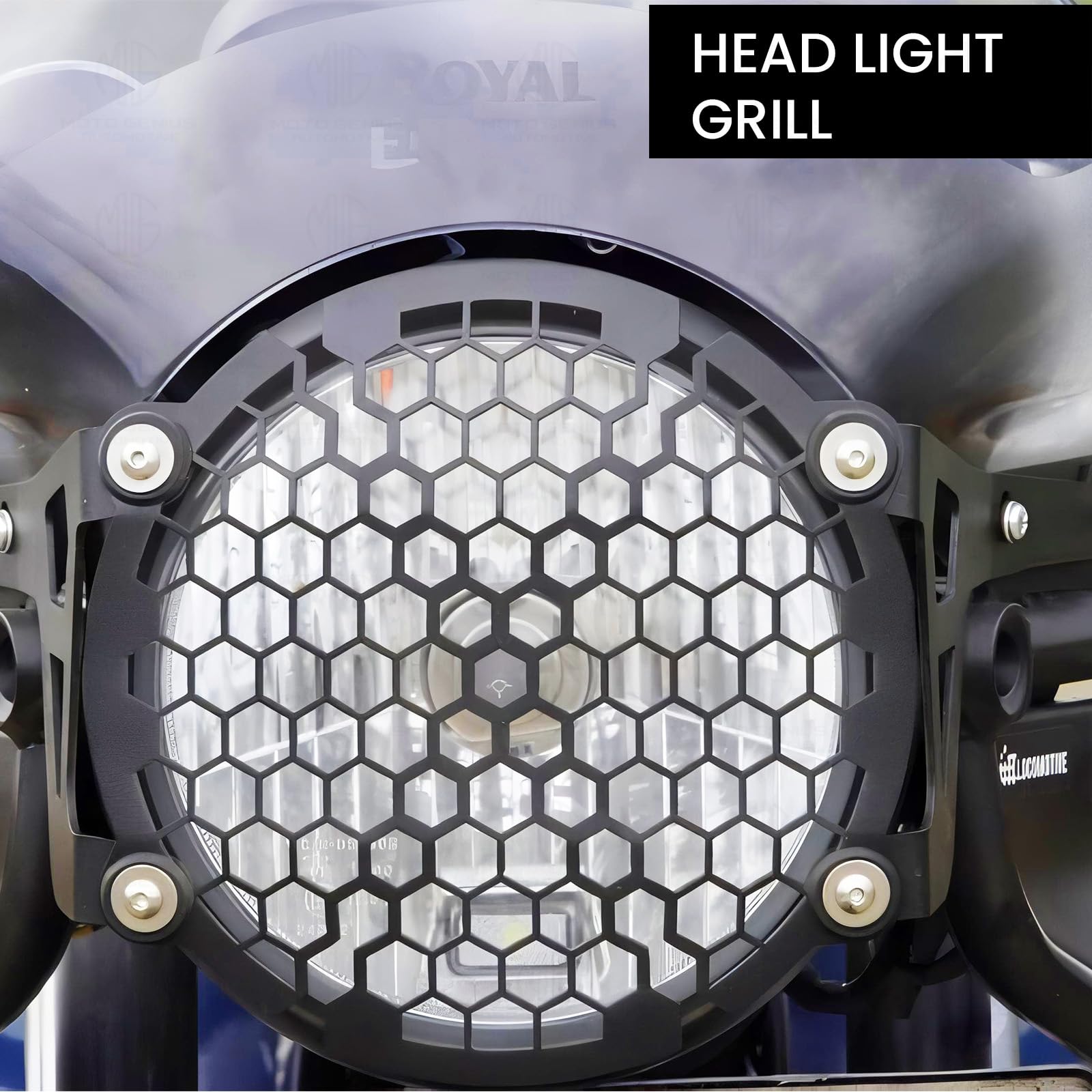 Front Headlight Grill Guard for RE Himalayan BS3/BS4/BS6/Scram Motorbike | Durable Metal Protective Head Light Frame Protector (Line Design)