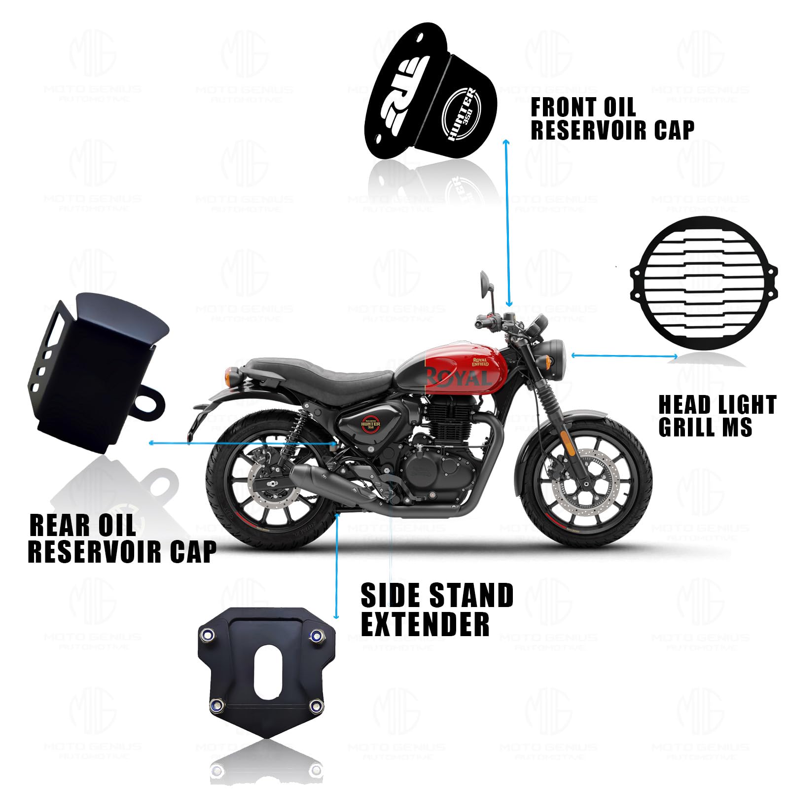 MOTO GENIUS Metal Accessories Kit for RE Hunter Motorbike | Line Shape Headlight Grill, Side Stand Extender, Front & Rear Brake Oil Reservoir Caps | Heavy-Duty Metal | Easy Installation (Pack of 4)