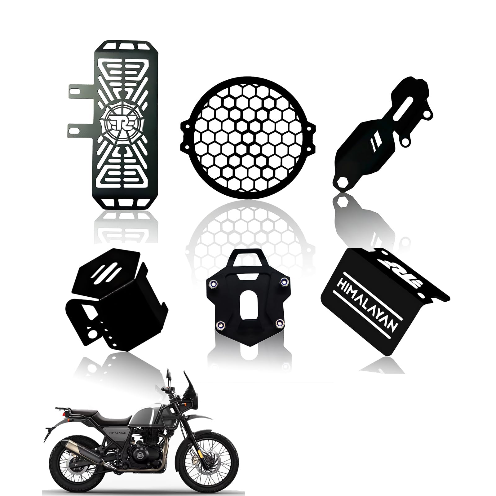 MOTO GENIUS Metal Accessories Kit for RE Himalayan Motorbike | Radiator Guard, Honey Shape Headlight Grill, Cylinder Guard, Side Stand Extender & Oil Reservoir Caps for RE Himalayan (Pack of 6)