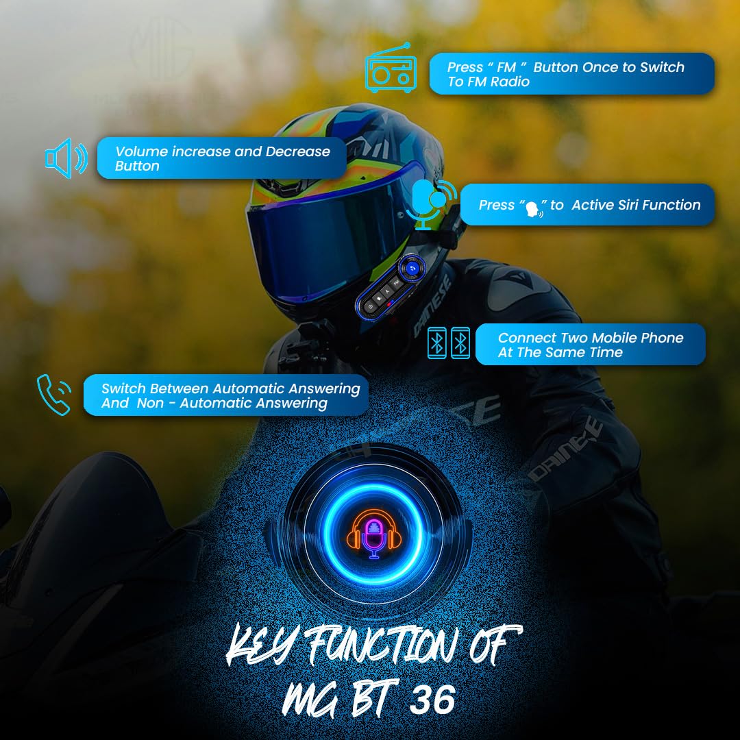 MOTO GENIUS BT-36 Motorcycle Helmet Bluetooth 5.3 Headset, Hands-Free Call, Stereo Sound, Noise Reduction, Waterproof, Voice Assistant Support, Includes Charging Cable, Compatible with All Helmets