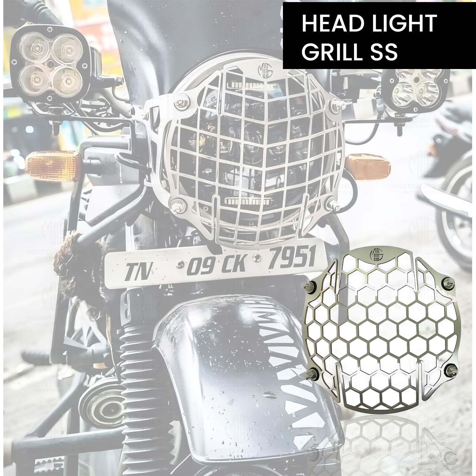 MOTO GENIUS Headlight Grill Guard for RE Himalayan BS3/BS4/BS6/Scram |Durable Stainless Steel Protective Cover for Motorcycle Lights (Honeycomb Grill)
